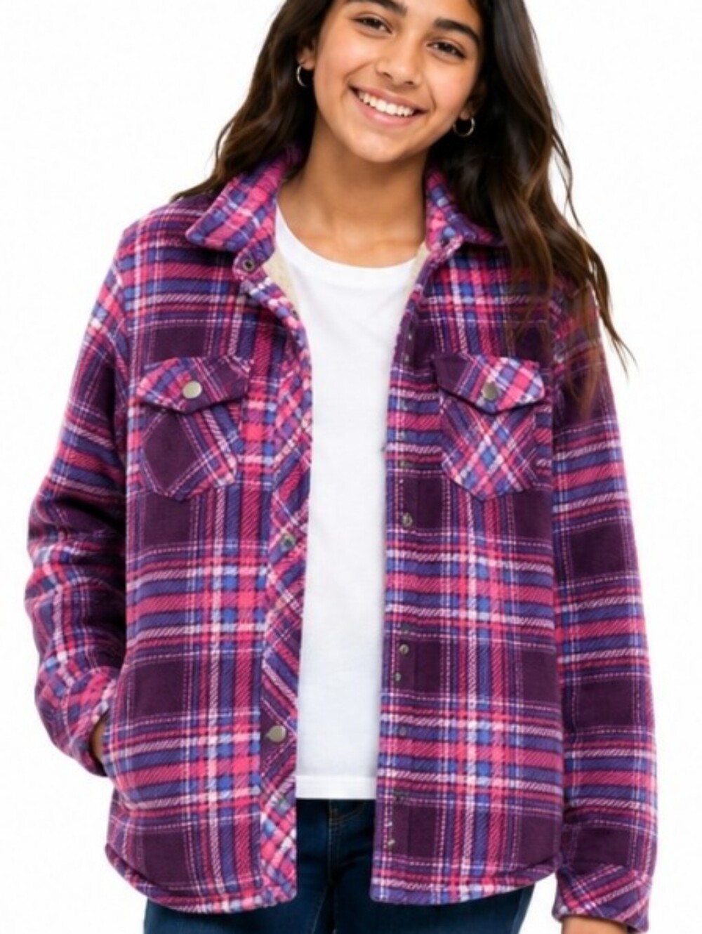 Eddie Bauer Girls 14-16 Purple Plaid Sherpa-Lined Jacket
